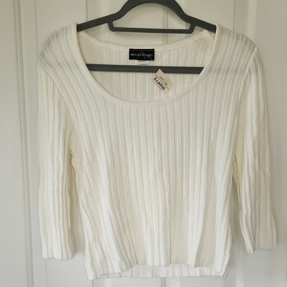 White Ribbed Knit Scoop Neck Sweater